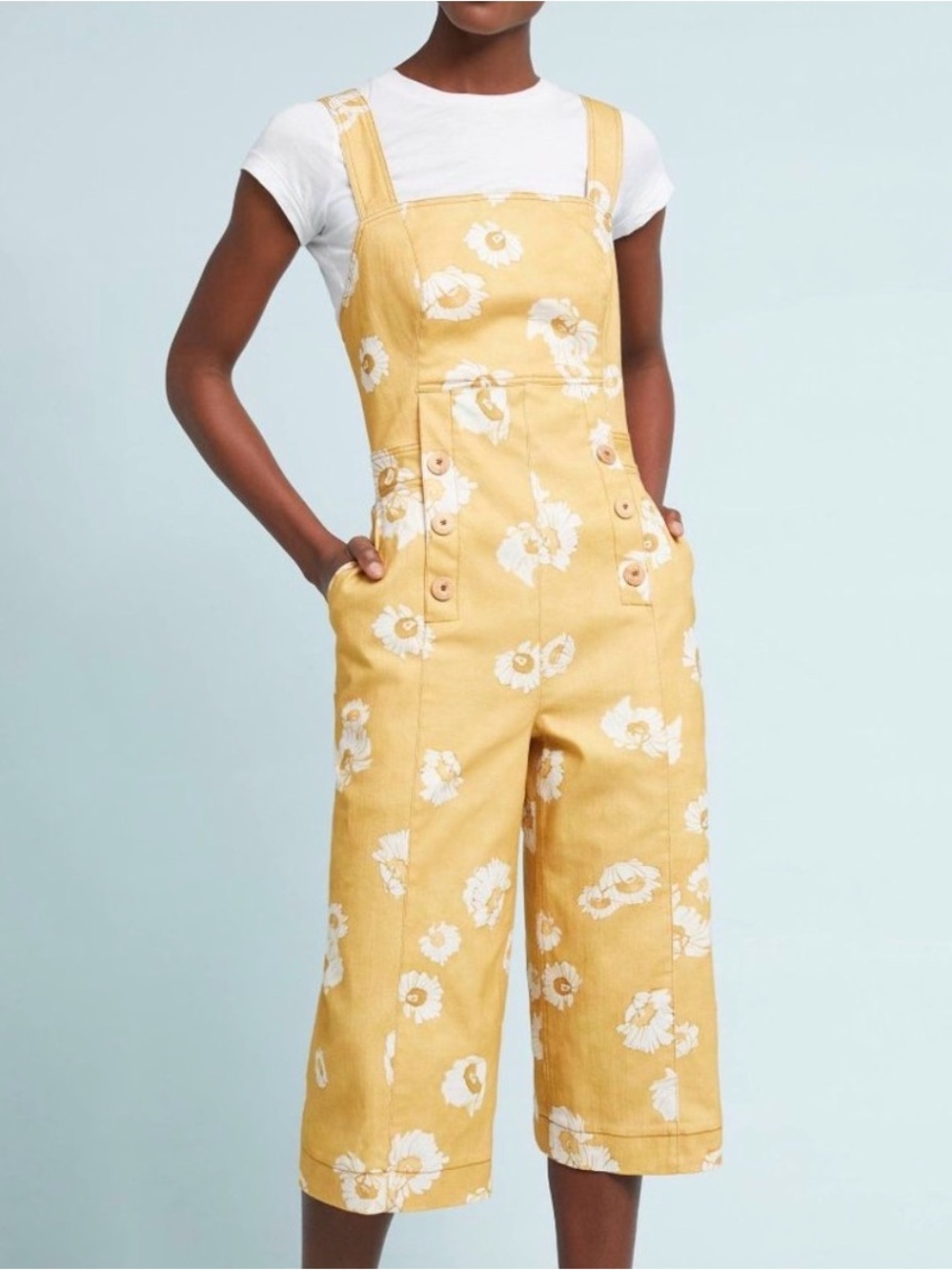 Anthropologie SISSA Yellow Floral Cropped Overalls